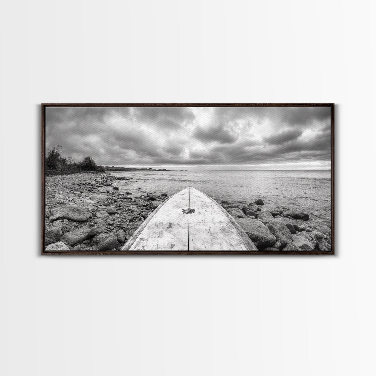 Surfboard, Rocky Shore, Cloudy Sea, Coastal Adventure, Beach Aesthetic, Canvas Print, Minimalist Ocean Art, Nautical Wall Decor, Bathroom Wall Art