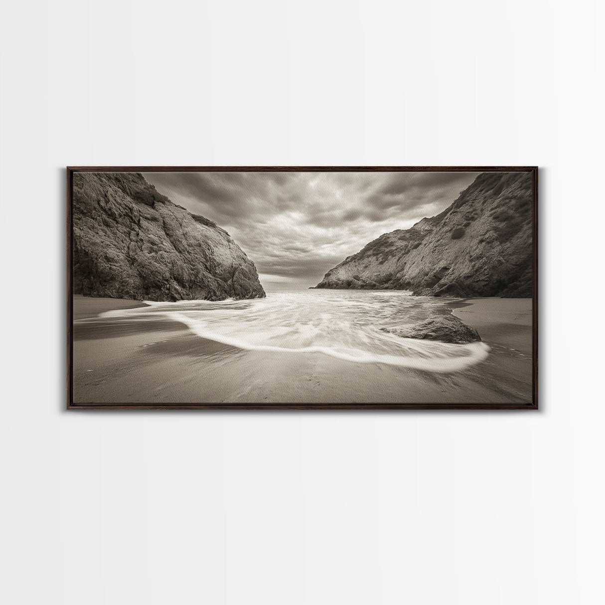 Secluded Beach Cove, Coastal Seascape, Sepia Landscape Art, Framed Canvas Print, Bathroom or Bedroom Wall Decor, Nature Inspired