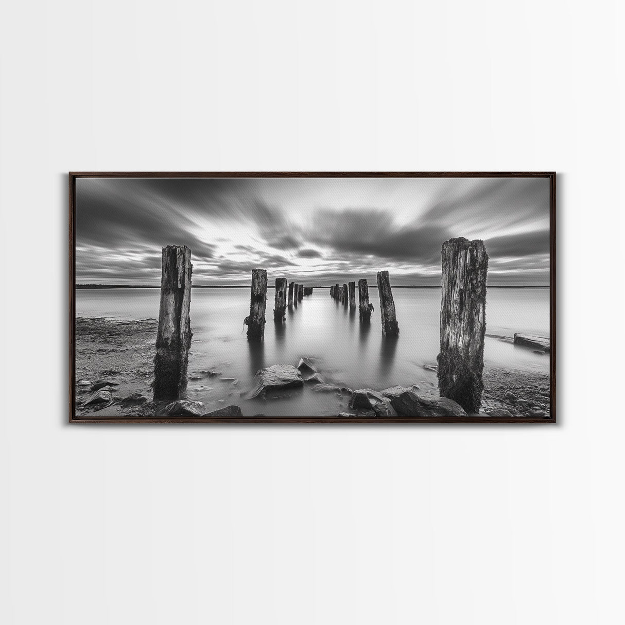 Ocean Pilings, Calm Waters, Cloud Streaks, Sunset Mood, Canvas Print, Minimalist Seascape, Bedroom Wall Art, Serene Beach Decor