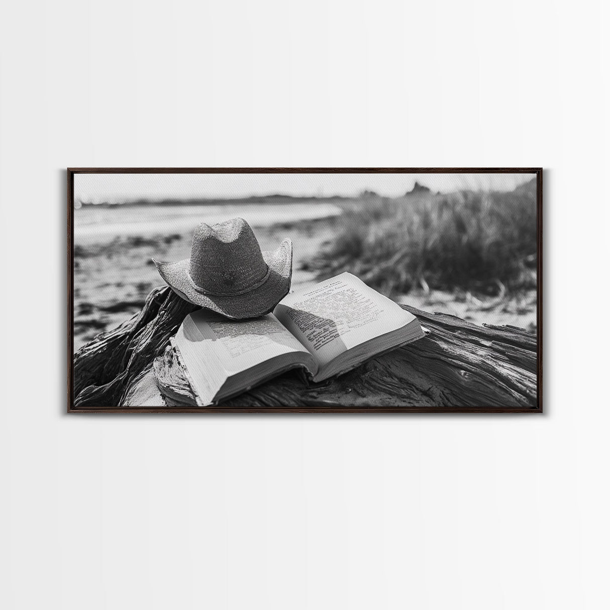 Open Book, Cowboy Hat, Driftwood Beach, Peaceful Shore, Canvas Print, Western Boho Art, Reading Nook Wall Decor, Fall Vibes, Office Wall Decor