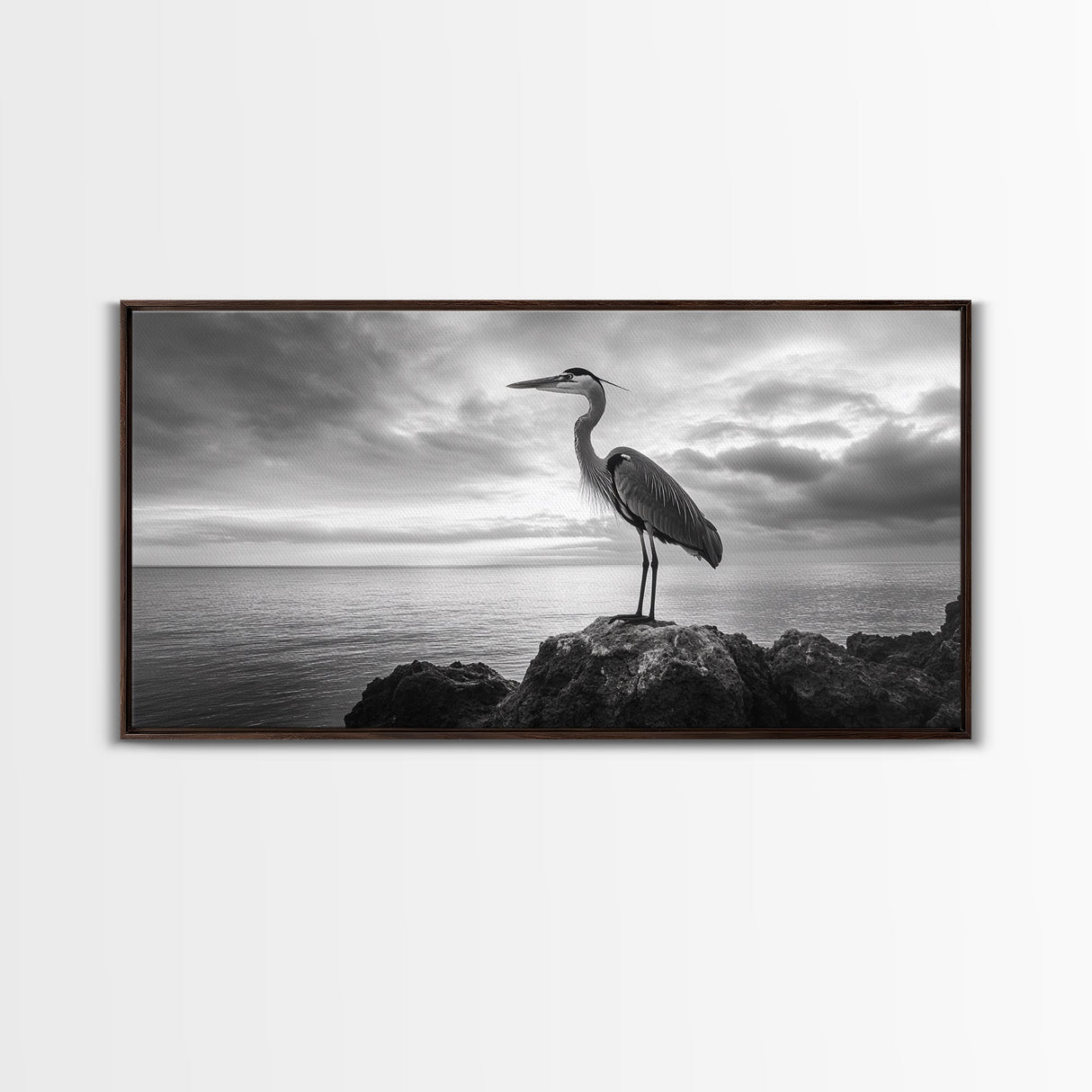 Heron Bird, Ocean Rock, Serene Wildlife, Canvas Print, Coastal Wall Art, Modern Farmhouse Decor, Minimalist Animal Scene