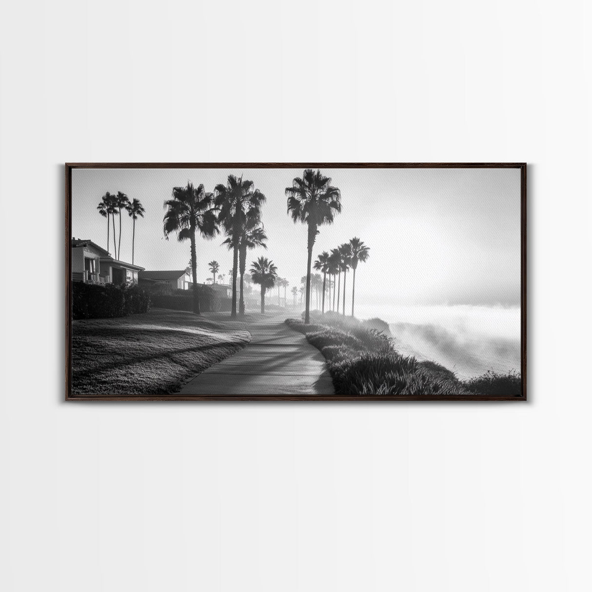 Palm Tree Pathway, Beachfront Neighborhood Vibes, Coastal Street Scene, Framed Canvas Print, Entryway Art, Minimalist Coastal Home Decor