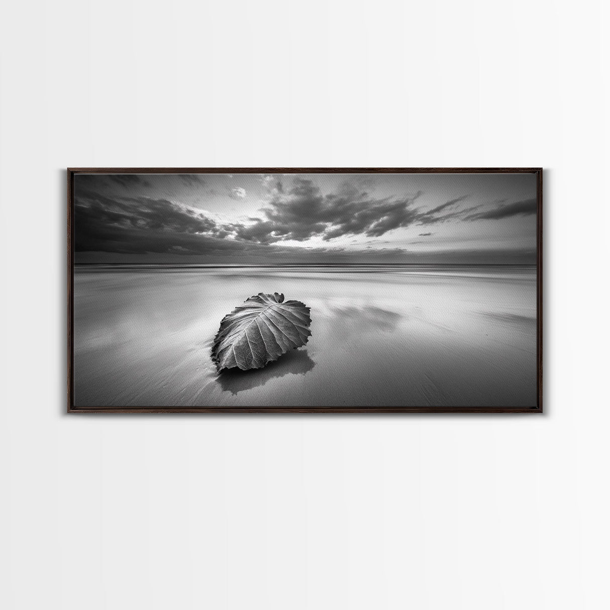 Beach Leaf Still, Autumn Nature Scene, Calm Ocean Shoreline, Canvas Print, Fall Bathroom Wall Art, Neutral Earth Tone Decor