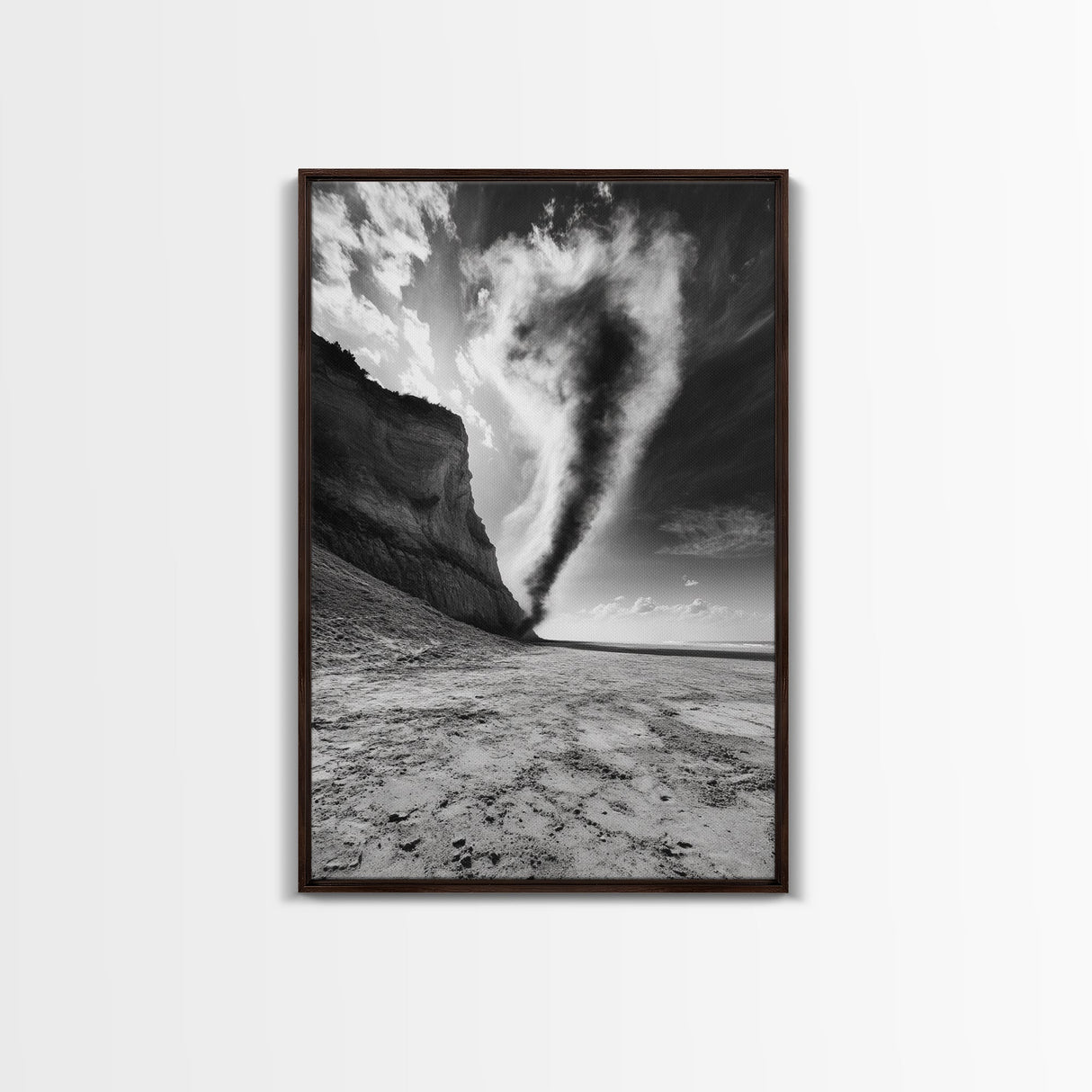 Tornado Beach Scene, Stormy Skies, Black and White Drama, Nature Photography, Framed Canvas Print, Office Wall Art, Moody Minimalist Decor