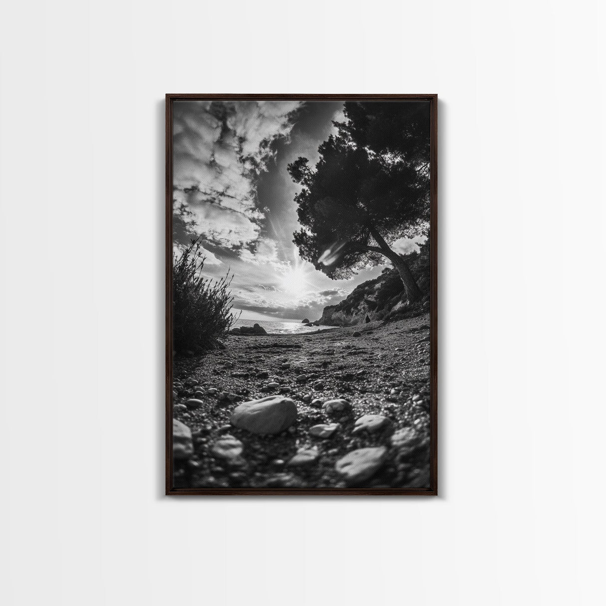 Sunset Beach View, Wide Angle Perspective, Nature Shoreline, Monochrome Landscape, Framed Canvas Print, Hallway Wall Art, Beach Decor