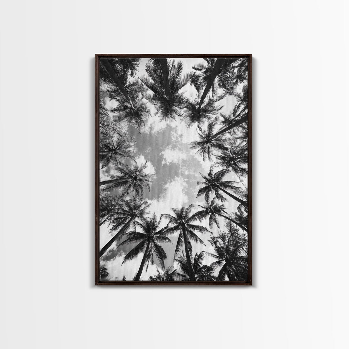 Palm Tree Sky, Tropical Canopy, Black and White Island View, Jungle Overhead Scene, Framed Canvas Print, Bathroom Wall Art, Beach Boho Decor