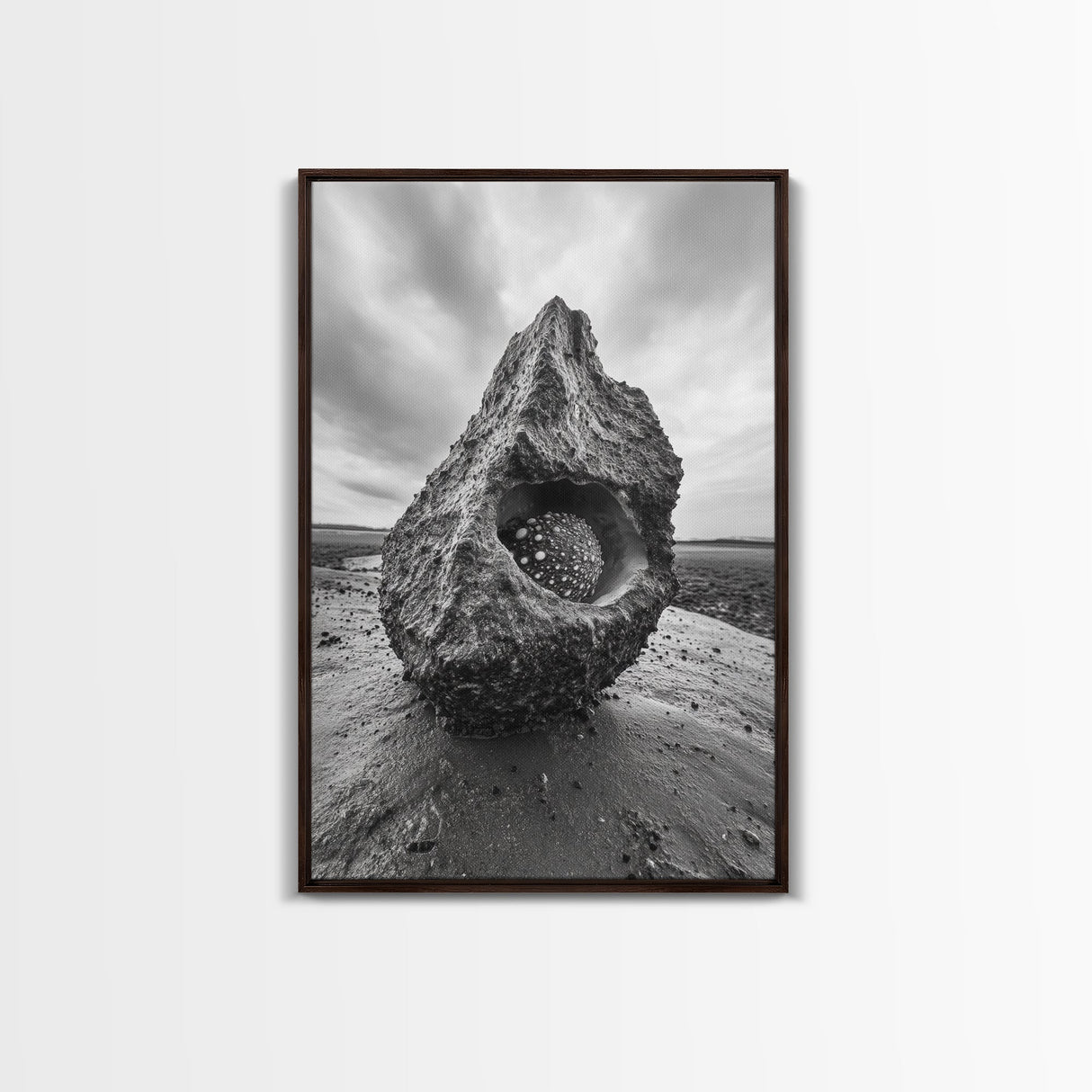 Sea Orb Rock, Coastal Texture, Ocean Shell Art, Framed Canvas Print, Beach House Wall Decor, Abstract Nature, Nautical Art Piece