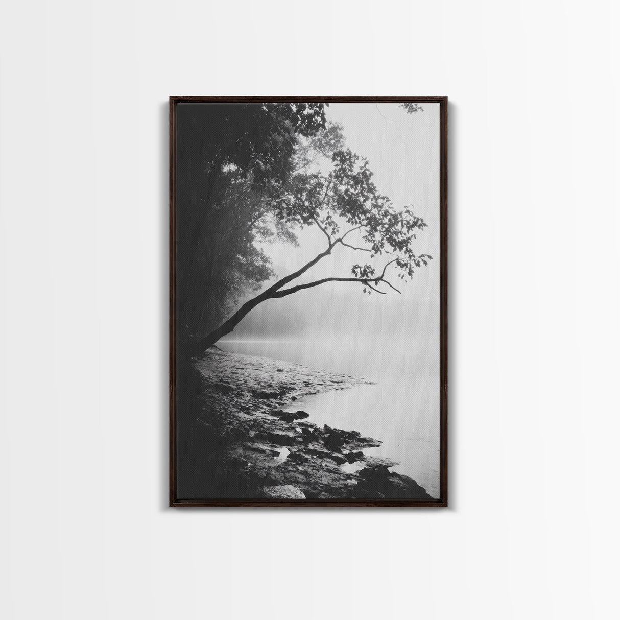 Misty Tree, Shoreline Fog, Forest Edge, Moody Atmosphere, Framed Canvas Print, Bedroom Wall Art, Autumn Woodland Style, Serene Nature Decor