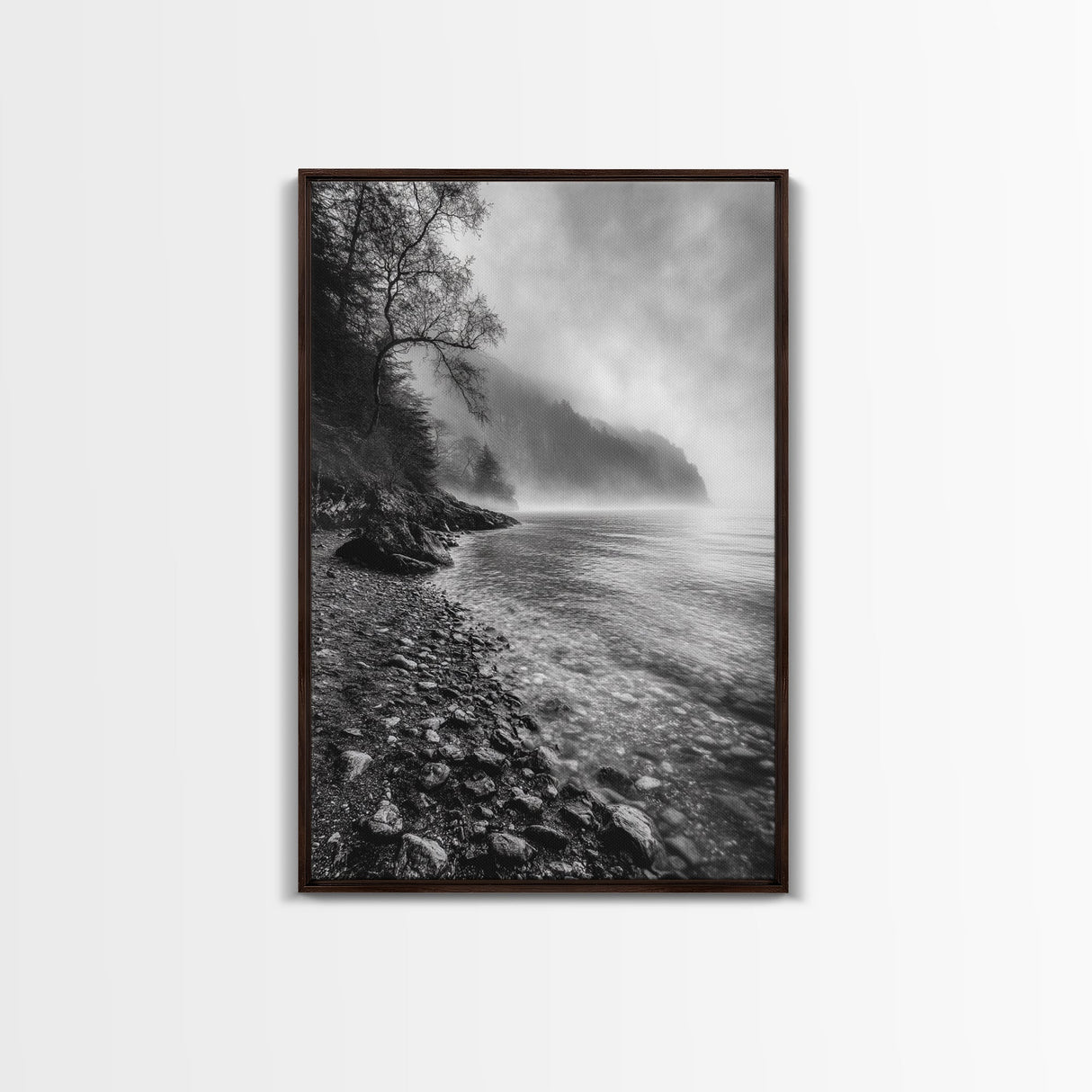 Foggy Coast, Moody Shore, Tranquil Pebbles, Forest Water, Framed Canvas Print, Bathroom Wall Art, Nature Photography Style, Calm Retreat Decor