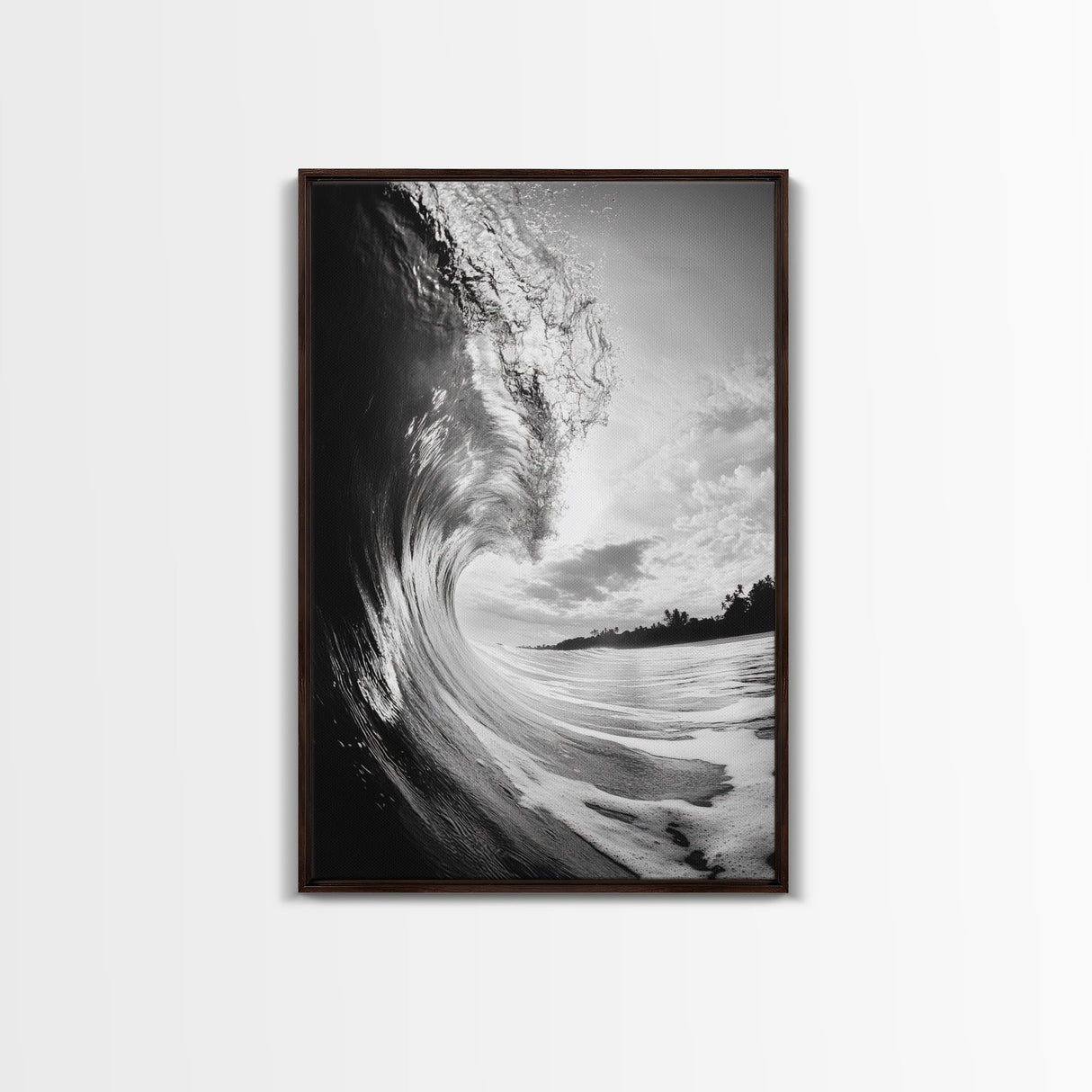Ocean Wave Curl, Sea Barrel Art, Surf Power Print, Framed Canvas Print, Bathroom Wall Art, Modern Beach Decor, Black White Seascape