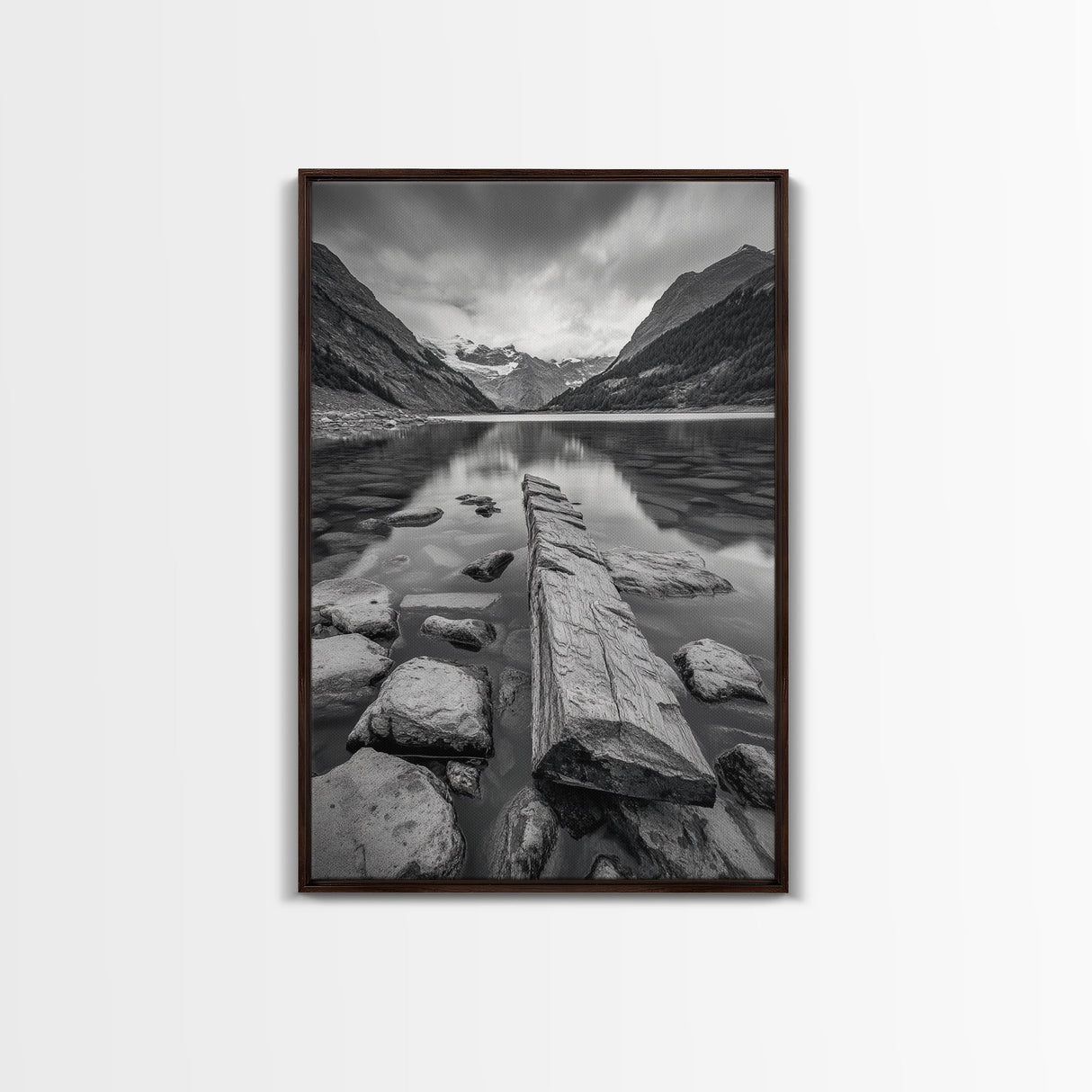 Mountain Lake Log, Alpine Serenity Scene, Tranquil Rock Shore, Canvas Print, Bedroom Wall Art, Nature Retreat, Minimalist Landscape