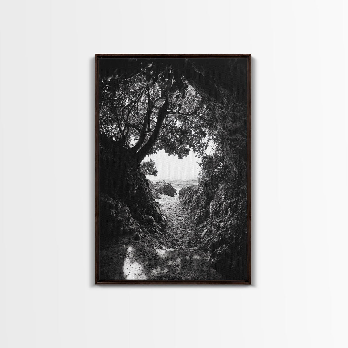 Hidden Beach, Cave Entrance, Secret Shoreline, Natural Light, Canvas Print, Bathroom Wall Decor, Travel Inspired Art, Black And White