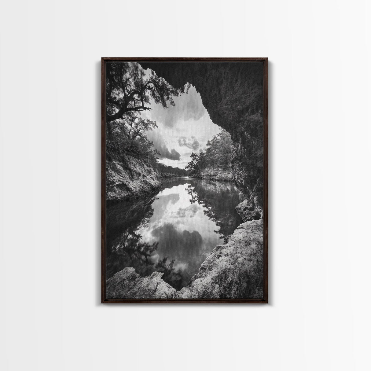 Serene River Reflection, Cave View, Monochrome Nature, Framed Canvas Print, Living Room Wall Art, Tranquil Landscape, Minimalist Decor