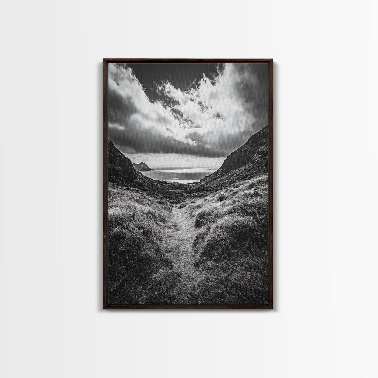 Highland Ocean Trail, Dramatic Clouds, Monochrome Nature, Canvas Print, Office Wall Art, Adventure Landscape, Rustic Home Decor