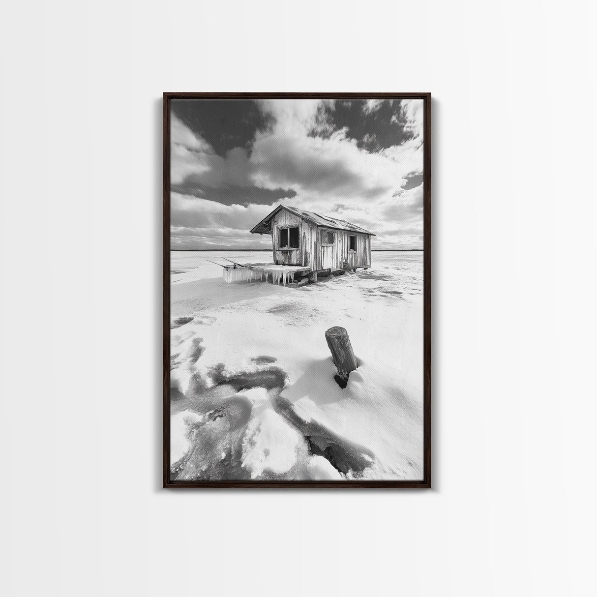 Frozen Cabin Scene, Snowy Landscape, Winter Monochrome, Canvas Print, Cabin Wall Art, Rustic Winter Decor, Nature Photography