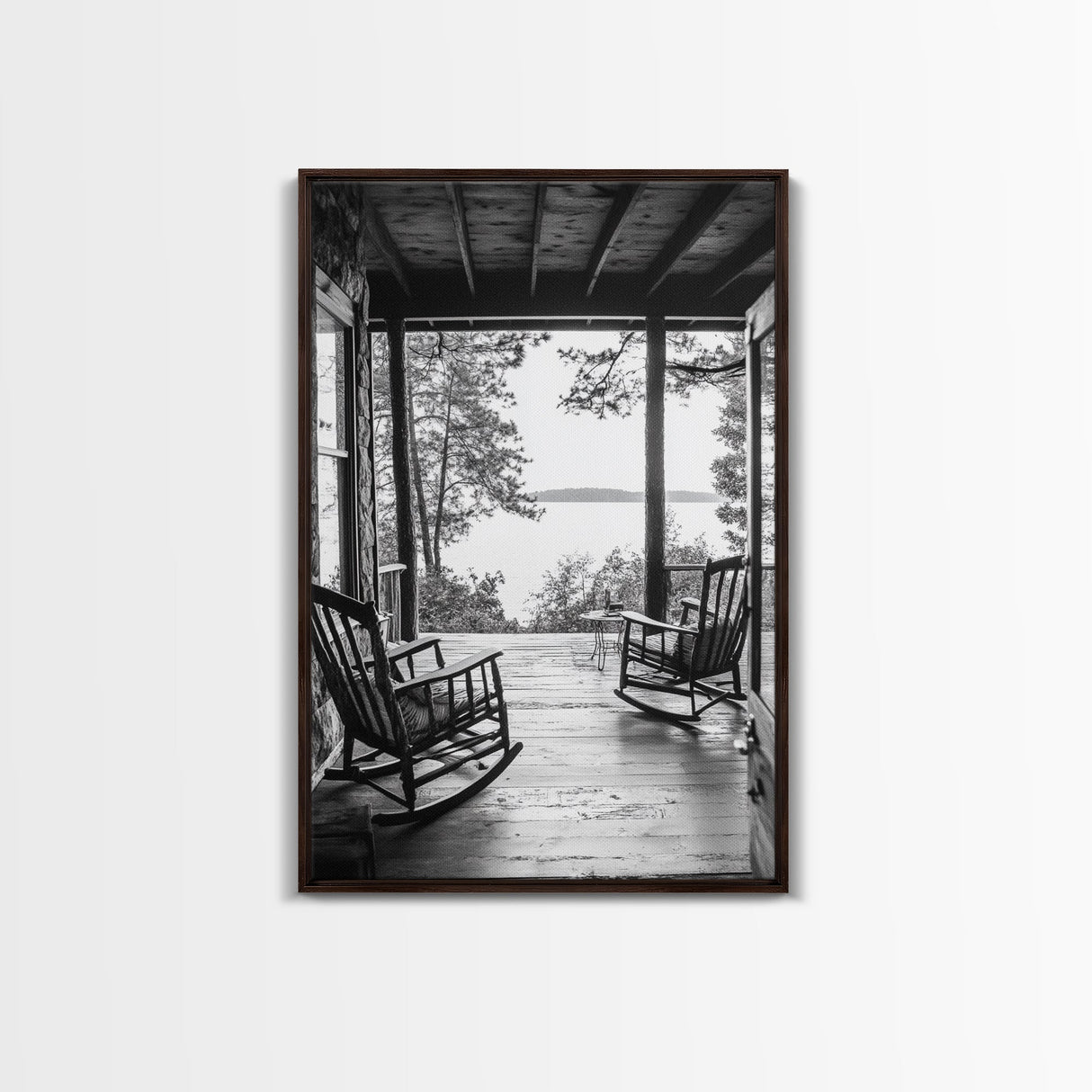 Rustic Porch View, Cabin Serenity, Lakefront Rocking Chairs, Framed Canvas Print, Farmhouse Wall Art, Living Room Decor, Fall Home Style
