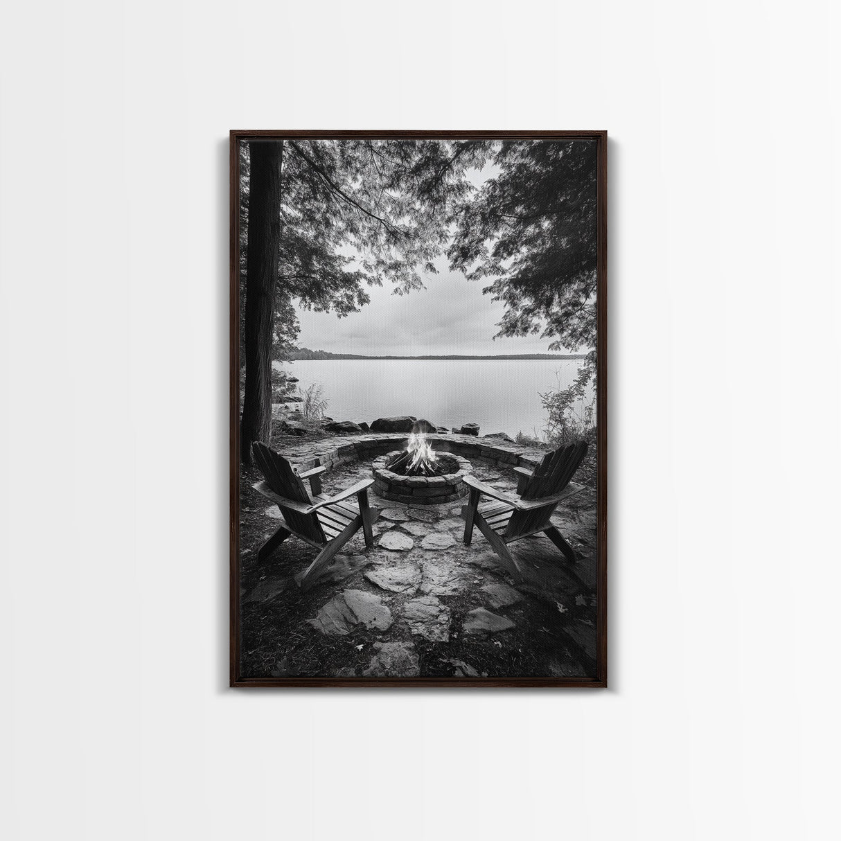 Campfire Lake Night, Adirondack Chairs, Wilderness Glow, Framed Canvas Print, Outdoor Living Wall Art, Cabin Decor, Autumn Retreat Art