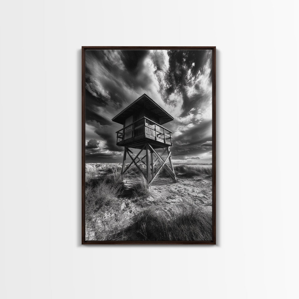 Lifeguard Tower Drama, Windy Beach Sky, Ocean Landscape, Canvas Print, Coastal Wall Art, Moody Surreal Decor, Living Room Statement Art