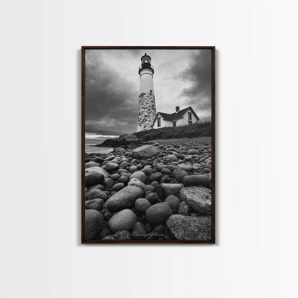 Lighthouse Shore Rocks, Coastal Beacon, Moody Clouds, Framed Canvas Print, Nautical Wall Art, Rustic Beach House Decor, Fall Storm Style