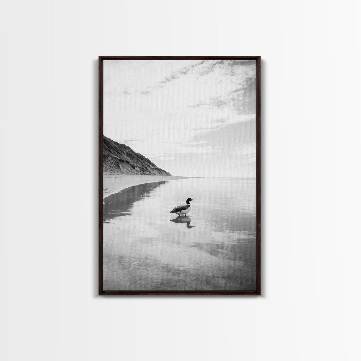 Lone Loon, Quiet Reflection, Coastal Bird, Framed Canvas Print, Nature Wall Art, Bathroom Decor, Serene Black and White Art