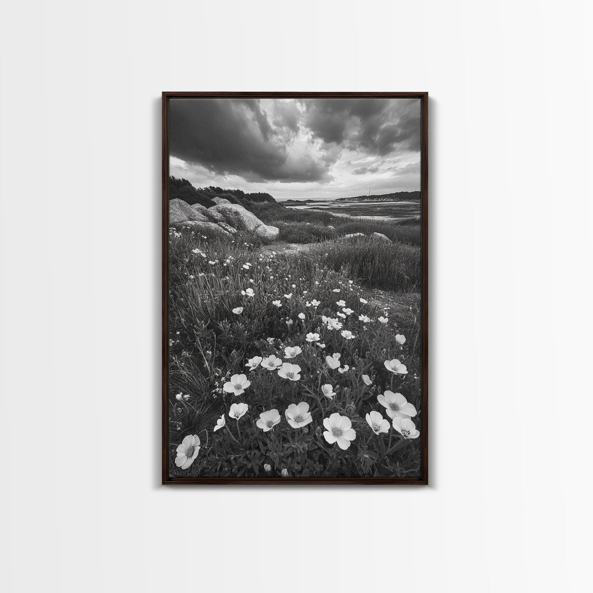 Meadow Bloom, Coastal Flowers, Stormy Sky, Framed Canvas Print, Spring Wall Art, Nature Photography, Kitchen Botanical Decor