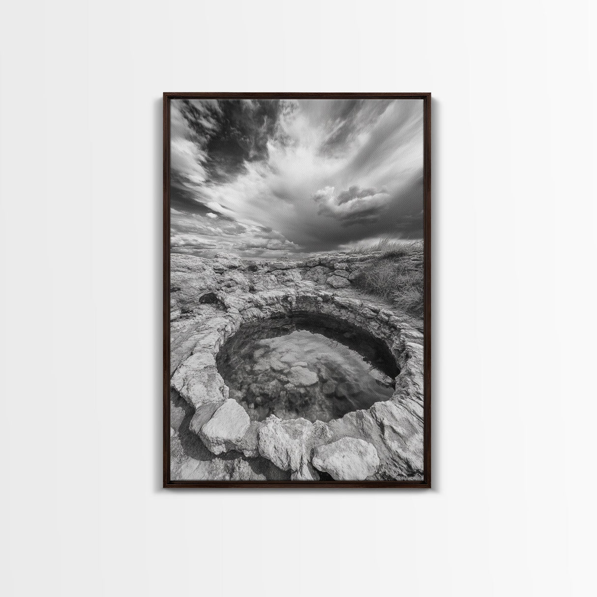 Natural Stone Pool, Sky Reflections, Framed Canvas Print, Bathroom Wall Art, Earthy Neutral Decor, Minimalist Landscape