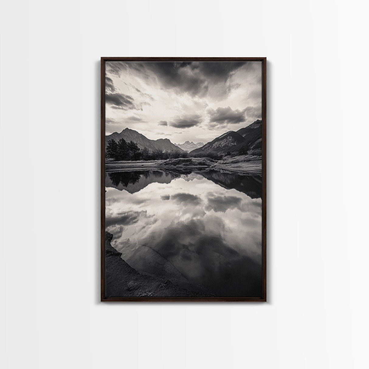 Alpine Reflections, Dramatic Skies, Mountain Serenity, Canvas Print, Living Room Wall Art, Moody Landscape Photography, Monochrome Decor