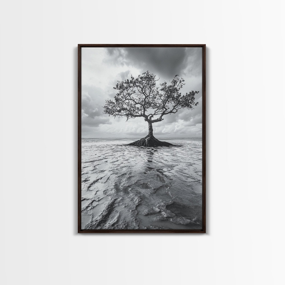 Lonely Tree, Coastal Roots, Ocean Breeze, Framed Canvas Print, Entryway Wall Art, Moody Nature Photography, Minimalist Earth Tones