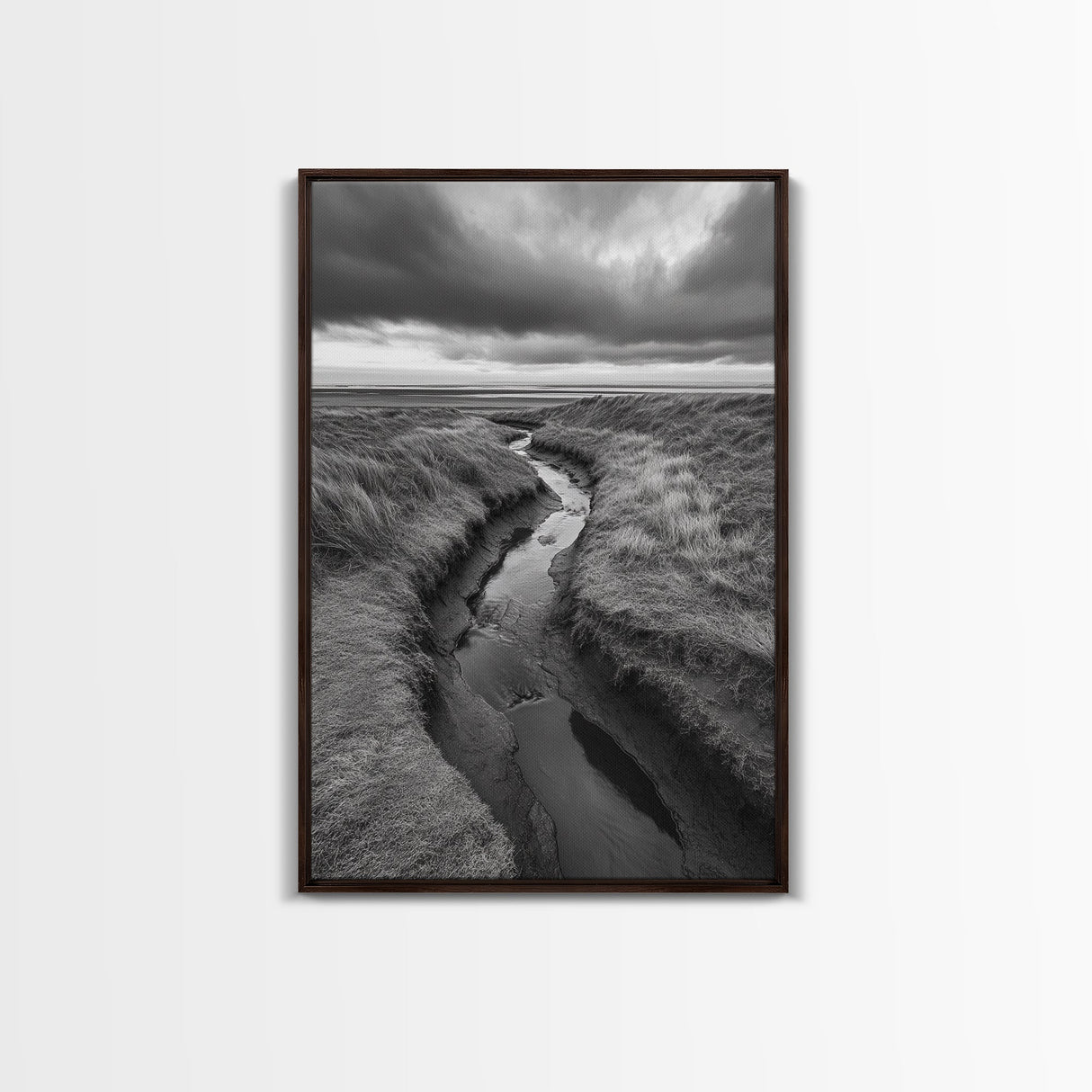 Winding Stream, Grassy Dunes, Ocean Horizon, Canvas Print, Kitchen Wall Art, Black and White Nature Scene, Coastal Rustic Decor