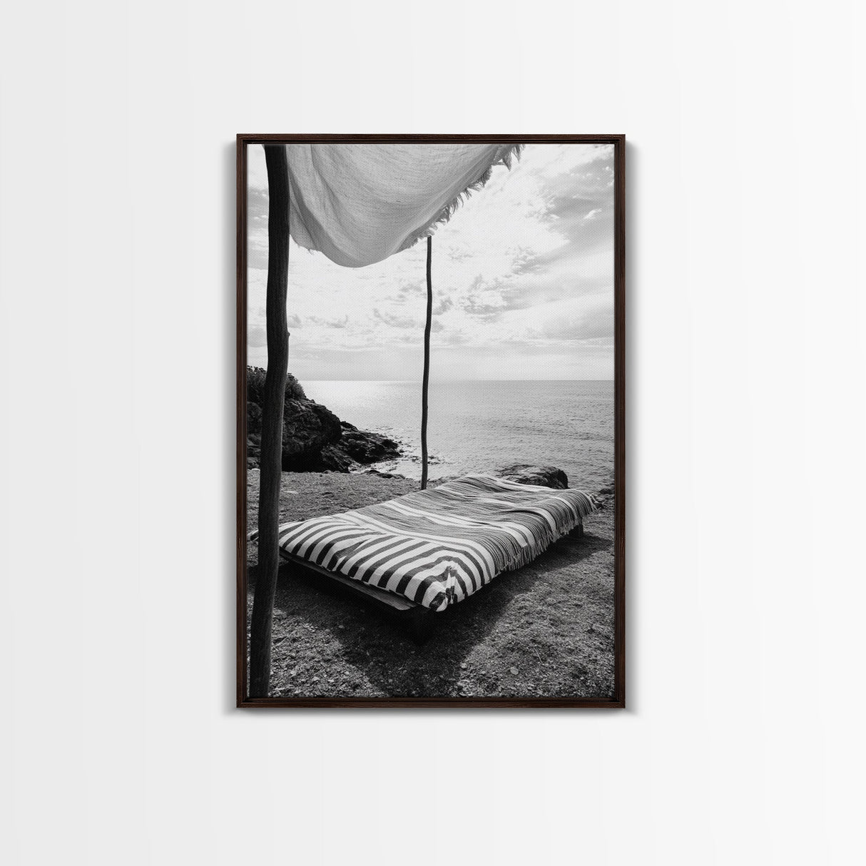 Seaside Nap, Minimal Daybed, Coastal Shade, Serene Moment, Canvas Print, Beach Bedroom Decor, Boho Seaside Art, Coastal Wall Style