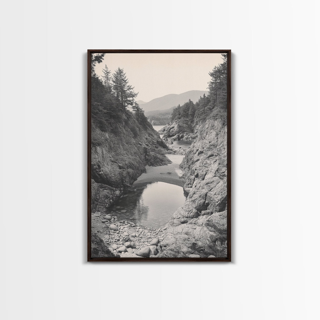 Forest Coast, Rocky Shore, Ocean View, Framed Canvas Print, Serene Nature Wall Art, Bathroom or Hallway Decor, Pacific Northwest Style