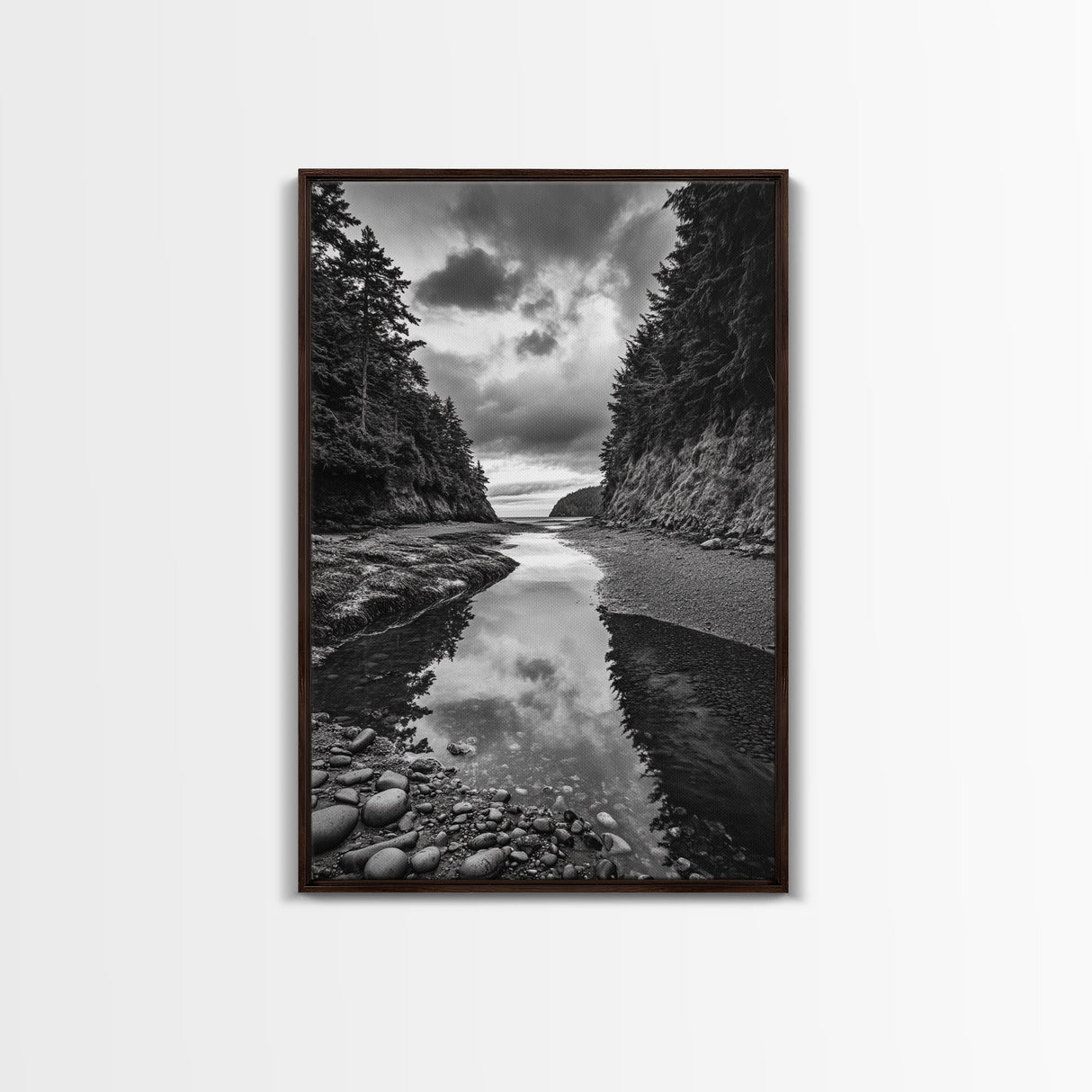Tide Pool, Forest Reflection, Coastal Calm, Framed Canvas Print, Black White Nature Art, Bathroom or Bedroom Decor, Tranquil Scene