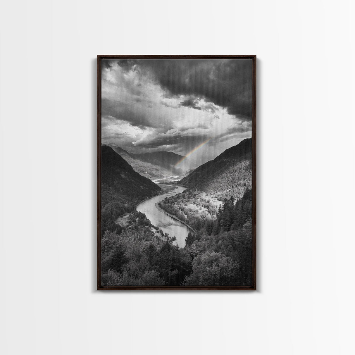 Mountain Valley, Rainbow River, Forest Panorama, Cloud Drama, Framed Canvas Print, Living Room Wall Art, Tranquil Nature, Scenic Beauty