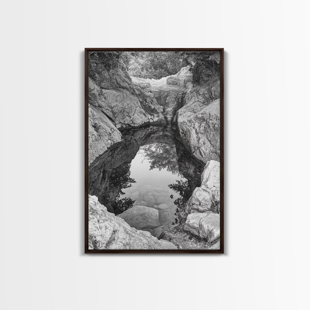 Reflective Rock Pool, Tranquil Nature, Monochrome Landscape, Black and White Framed Canvas Print, Minimalist Bathroom or Spa Wall Art