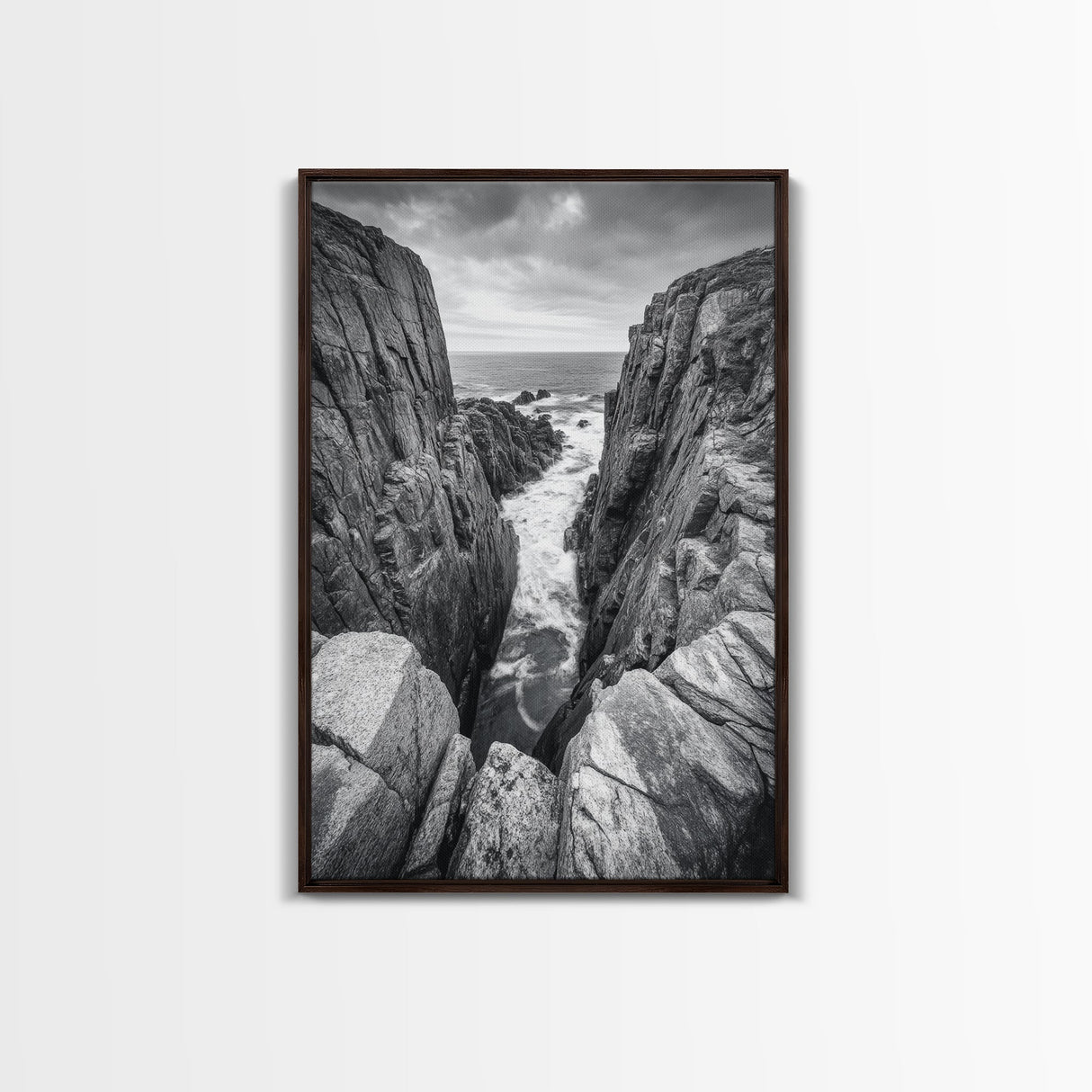Ocean Cliff Pass, Rugged Coastal Rocks, Nature Power, Monochrome Framed Canvas Print, Moody Bathroom or Masculine Office Art