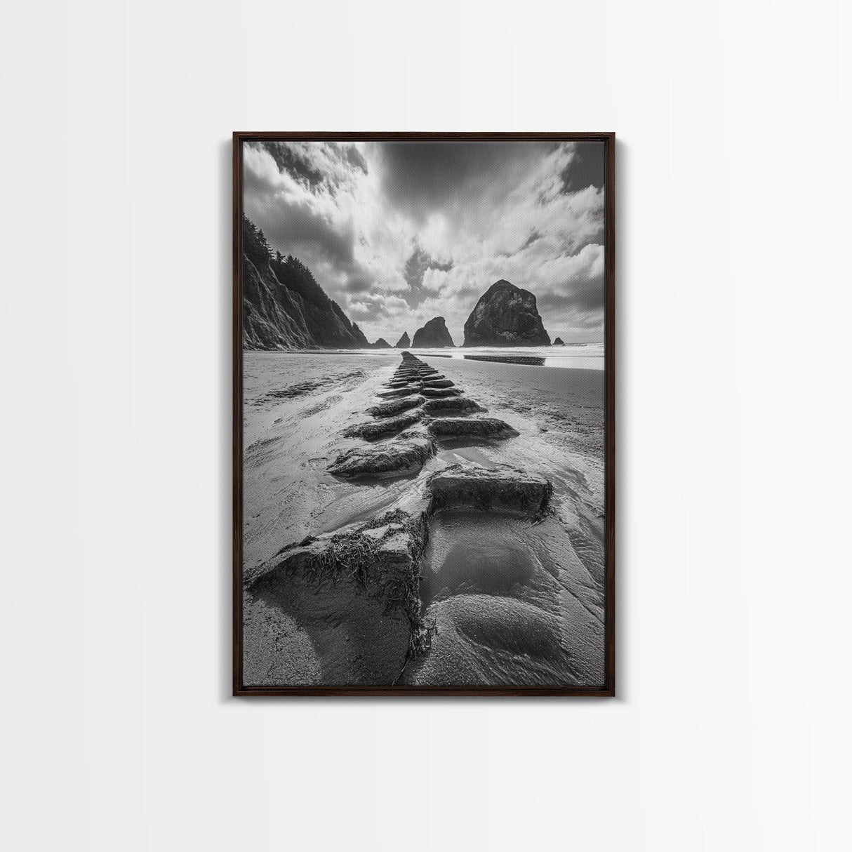 Ocean Rocks, Beach Landscape, Cloudy Sky, Rugged Coast, Canvas Print, coastal adventure wall art, living room decor, nature lover gift