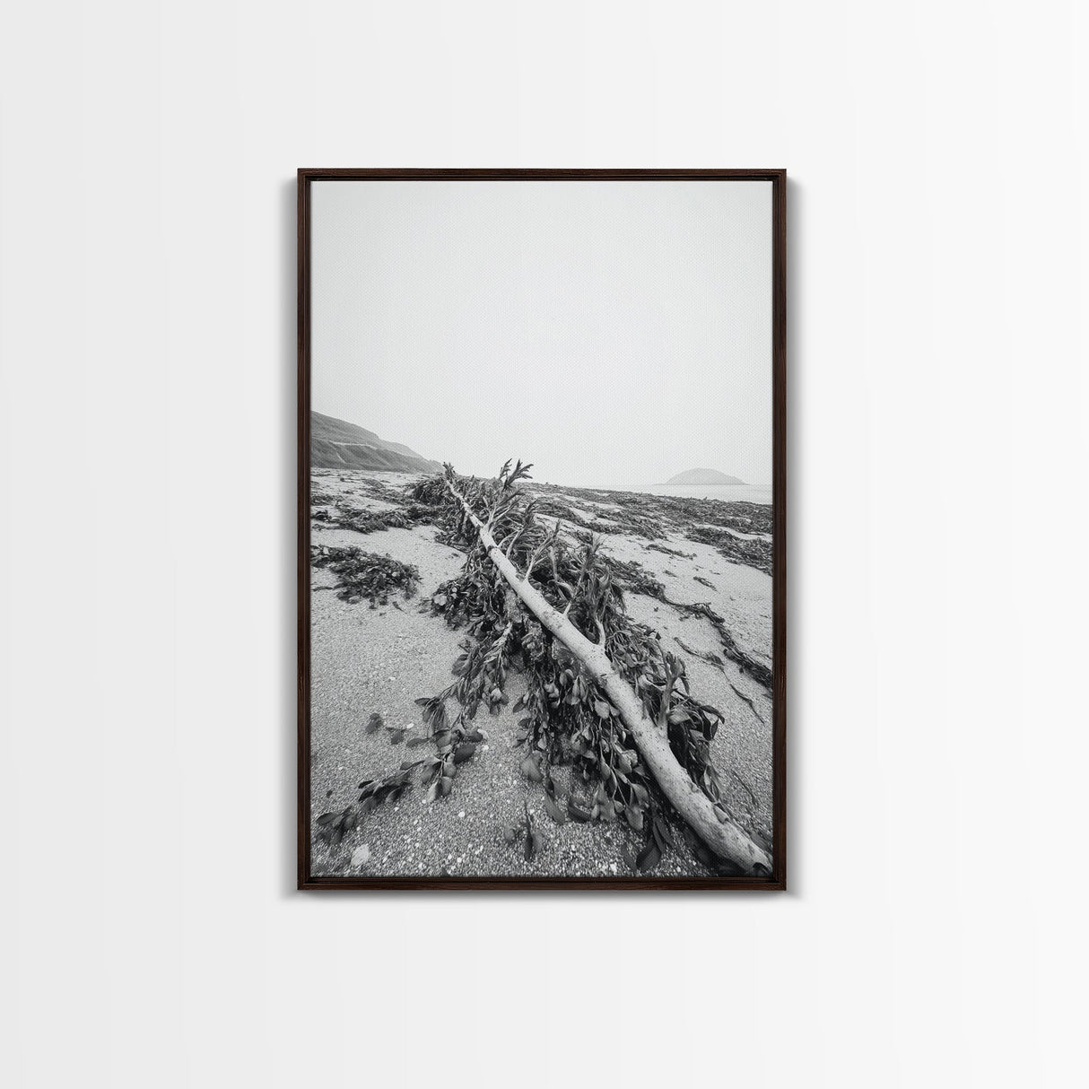 Seaweed Shoreline, Drifted Beauty, Coastal Debris, Tide Echo Framed Canvas Print, ocean nature wall art, minimalist beach decor