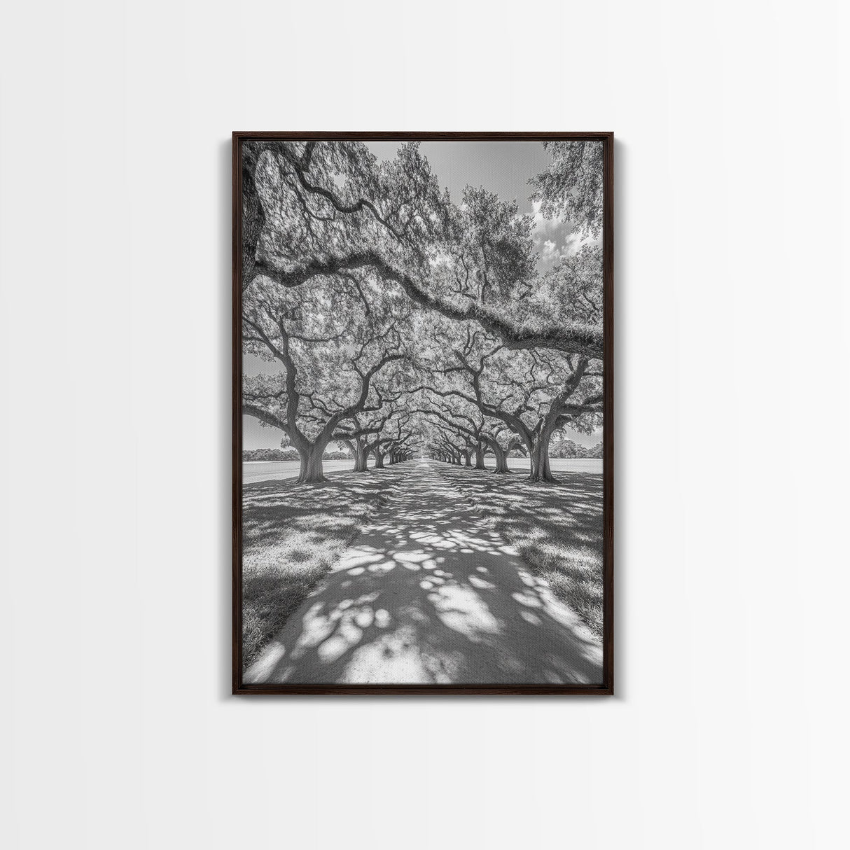 Oak Tree Tunnel, Southern Charm, Shaded Pathway, Timeless Trees Framed Canvas Print, farmhouse wall decor, hallway landscape art