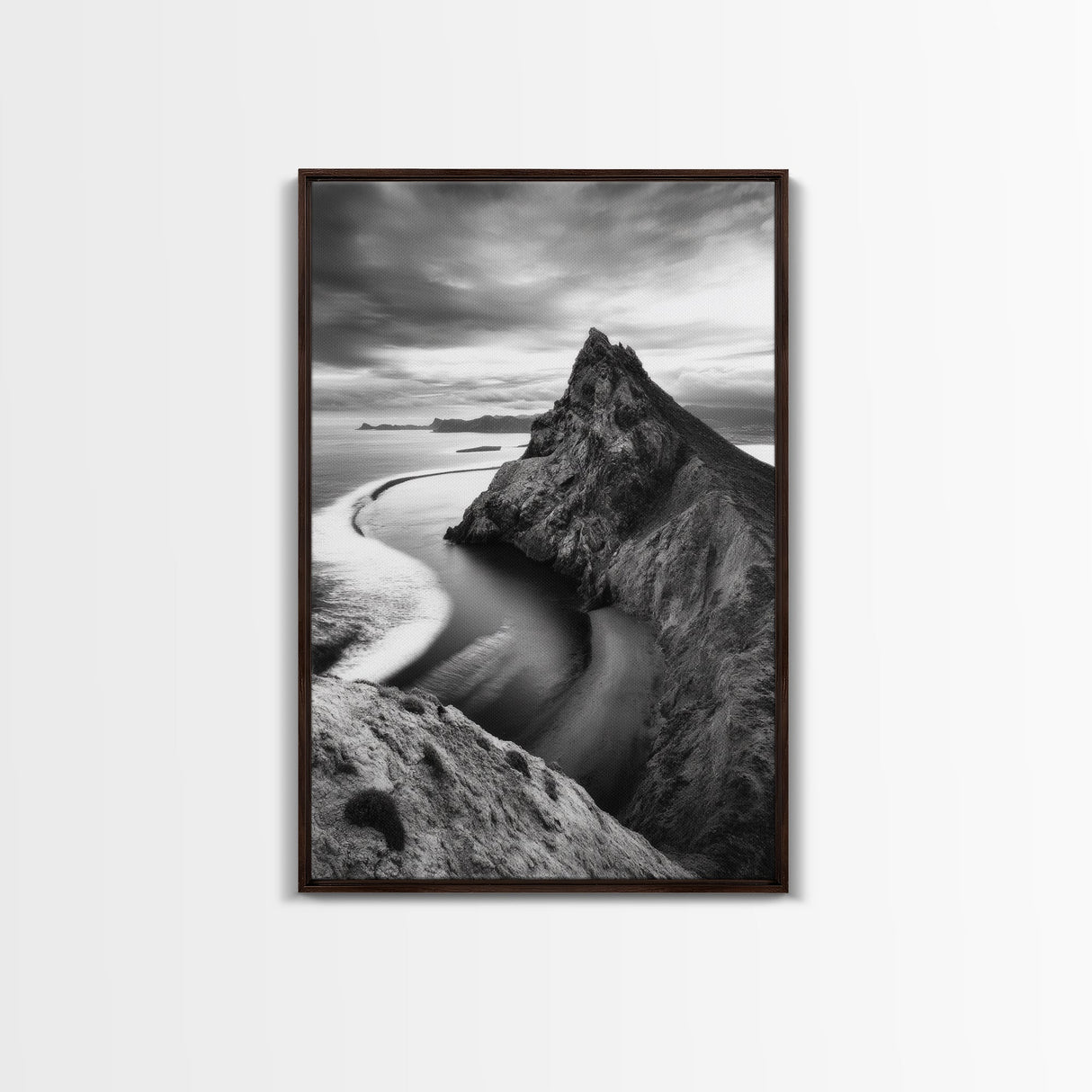 Mountain Peak, Coastal Horizon, Nature Majesty, Serene Edge Framed Canvas Print, modern landscape art, minimalist bedroom decor