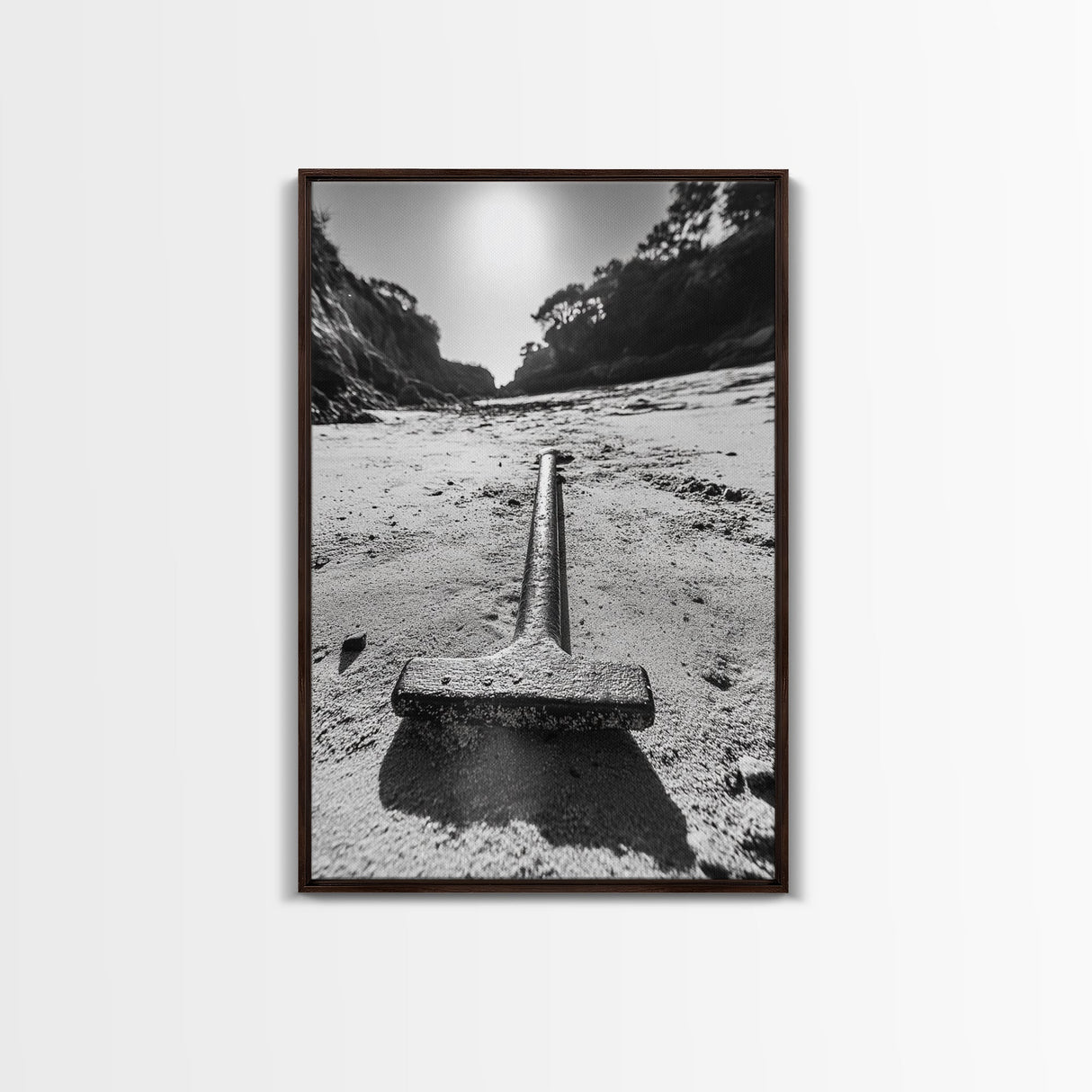 Industrial beach relic, iron hammer, rustic textures, minimalist black and white, Canvas Print, man cave art, coastal masculine decor