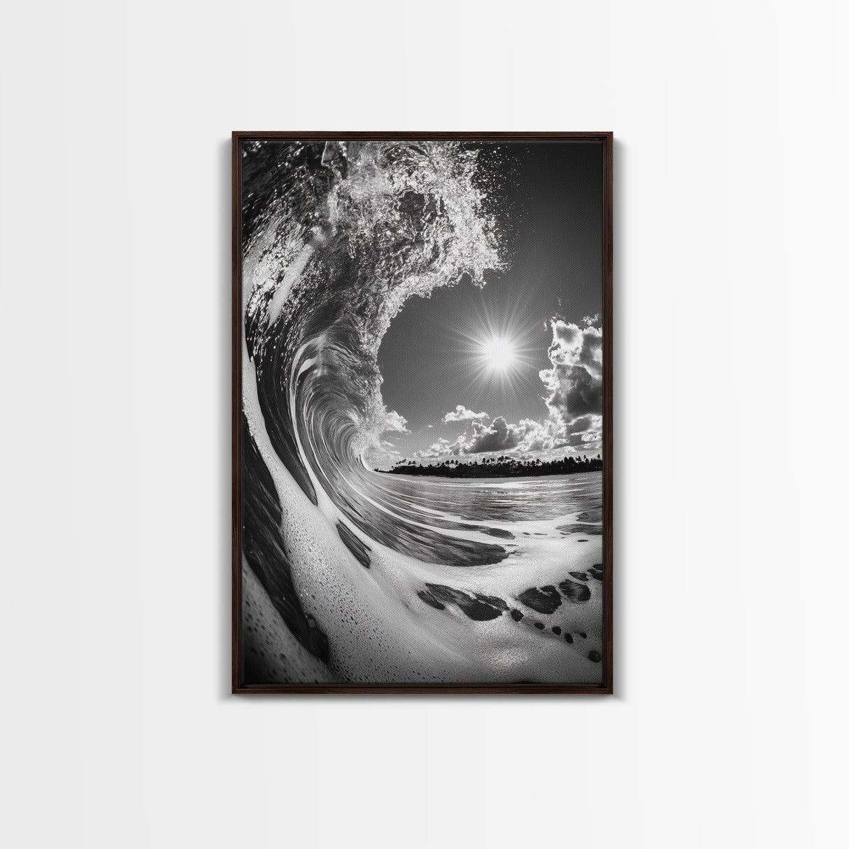 Wave Photography, Surfer Dream, Sea Curl Motion, Framed Canvas Print, Coastal Wall Art, Beach House Decor, Monochrome Ocean Style