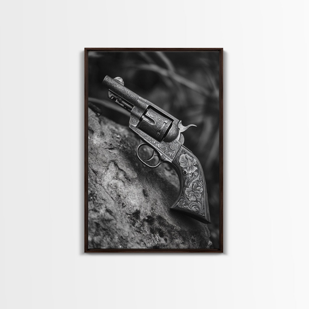 Floral Engraved Revolver, Vintage Western Gun, Cowboy Detail Shot, Canvas Print, Man Cave Art, Rustic Americana Wall Style