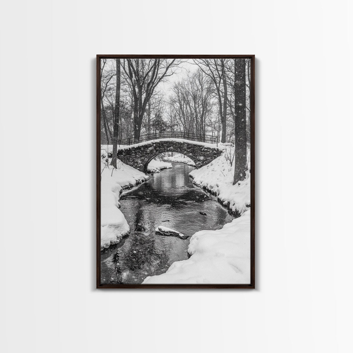 Stone Bridge, Winter Stream, Historic Pathway, Framed Canvas Print, Snowy Landscape Art, Traditional Living Room Wall Decor