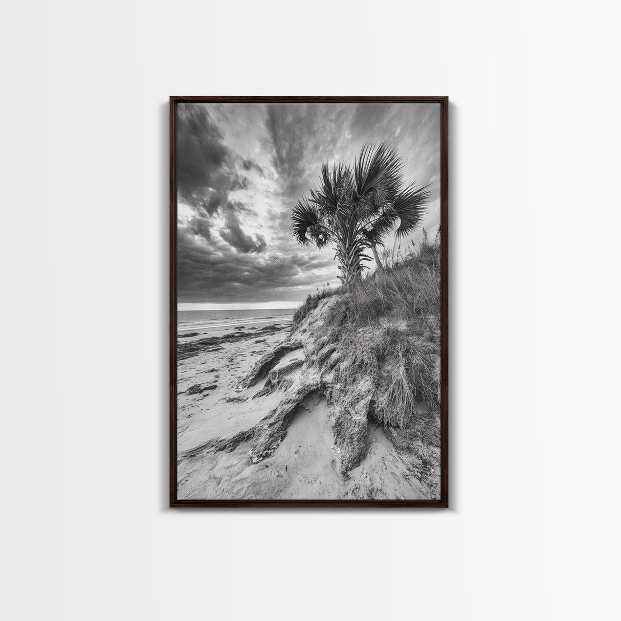 Palm Tree Beach, Coastal Dunes, Dramatic Sky, Framed Canvas Print, Tropical Wall Art, Boho Living Room Decor, Beach House Art