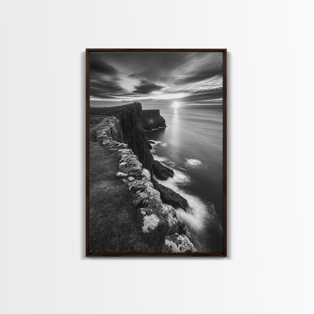 Rugged Sea Cliffs, Sunset Horizon, Serene Waters, Framed Canvas Print, Modern Nature Wall Art, Office Decor, Coastal Aesthetic