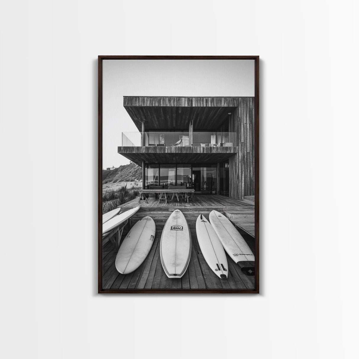 Surf Shack, Beach House, Modern Architecture, Coastal Lifestyle, Framed Canvas Print, Living Room Art, Nautical Wall Decor, Surf Wall Art