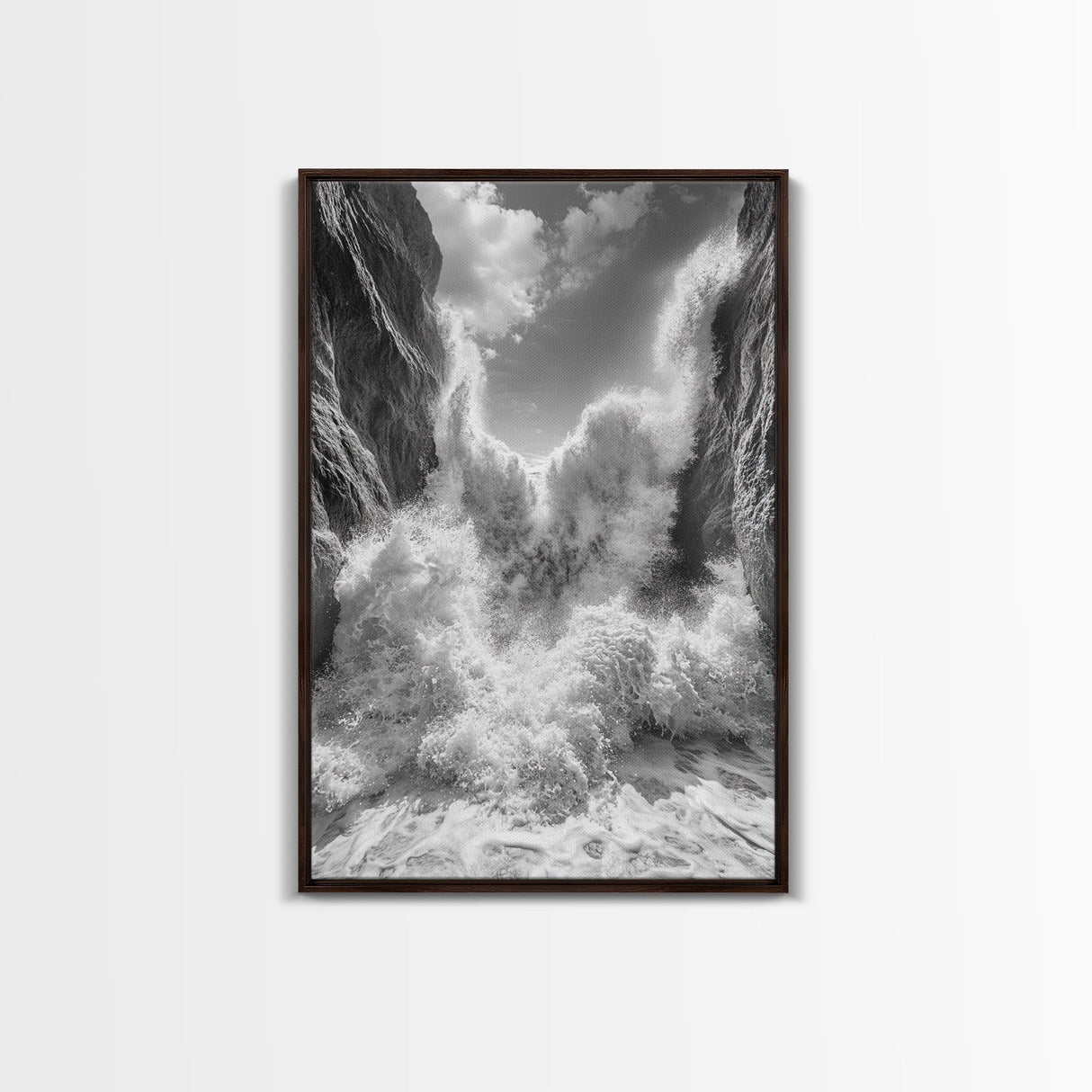 Ocean Splash, Cliff Waves, Nature Power, Dramatic Seascape, Framed Canvas Print, Living Room Statement, Black and White Wall Art