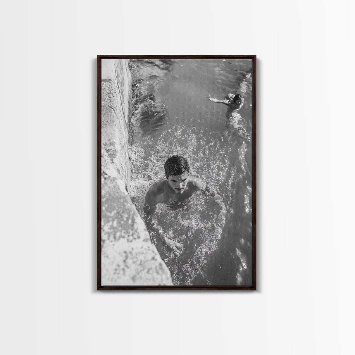 Swimmers, Summer Water, Beach Moment, Candid Photography, Framed Canvas Print, Bathroom Wall Art, Youthful Energetic Decor