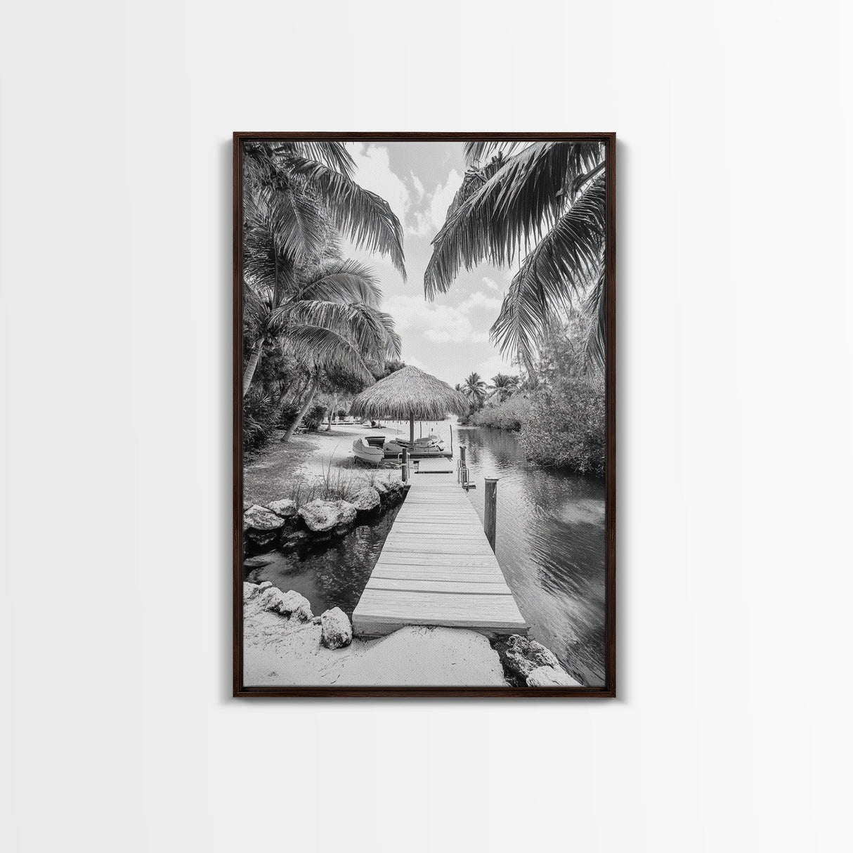 Tropical Dock, Island Escape, Palm Tree Beach, Secluded Lagoon, Canvas Print, Coastal Kitchen Art, Boho Tropical Wall Decor