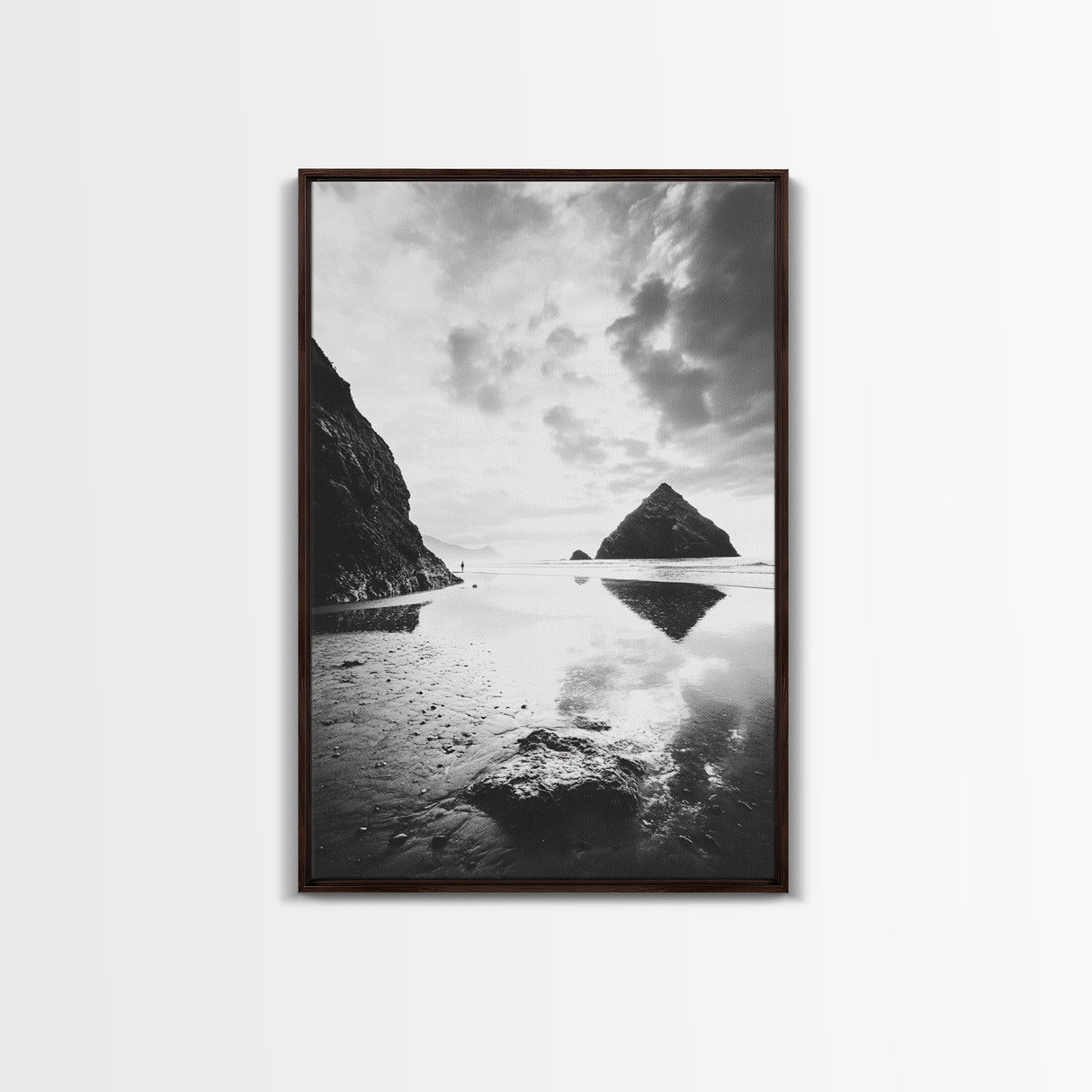 Remote beach reflection, lone hiker wanderlust, coastal rockscape, black white dreamscape, Framed Canvas Print, living room moody decor